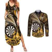 Personalised New Zealand Darts Couples Matching Summer Maxi Dress and Long Sleeve Button Shirt Maori Koru Dartboard Gold Flame LT05 Gold - Polynesian Pride