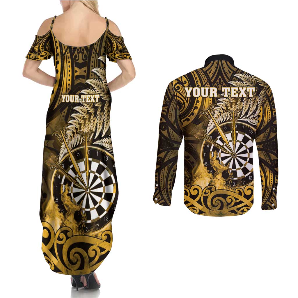 Personalised New Zealand Darts Couples Matching Summer Maxi Dress and Long Sleeve Button Shirt Maori Koru Dartboard Gold Flame LT05 - Polynesian Pride