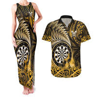 Personalised New Zealand Darts Couples Matching Tank Maxi Dress and Hawaiian Shirt Maori Koru Dartboard Gold Flame LT05 Gold - Polynesian Pride