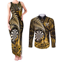Personalised New Zealand Darts Couples Matching Tank Maxi Dress and Long Sleeve Button Shirt Maori Koru Dartboard Gold Flame LT05 Gold - Polynesian Pride