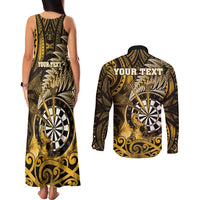 Personalised New Zealand Darts Couples Matching Tank Maxi Dress and Long Sleeve Button Shirt Maori Koru Dartboard Gold Flame LT05 - Polynesian Pride