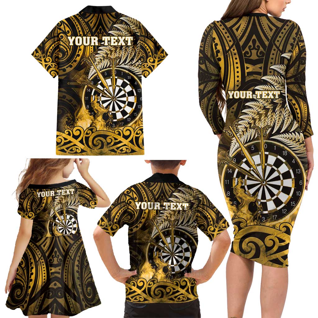 Personalised New Zealand Darts Family Matching Long Sleeve Bodycon Dress and Hawaiian Shirt Maori Koru Dartboard Gold Flame LT05 - Polynesian Pride