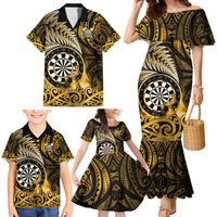 Personalised New Zealand Darts Family Matching Mermaid Dress and Hawaiian Shirt Maori Koru Dartboard Gold Flame LT05 - Polynesian Pride