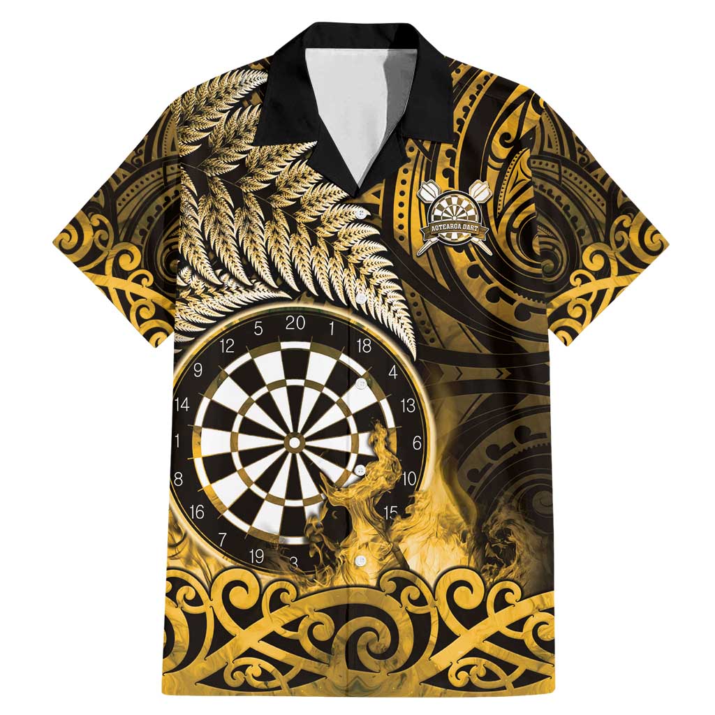 Personalised New Zealand Darts Family Matching Mermaid Dress and Hawaiian Shirt Maori Koru Dartboard Gold Flame LT05 Dad's Shirt - Short Sleeve Gold - Polynesian Pride