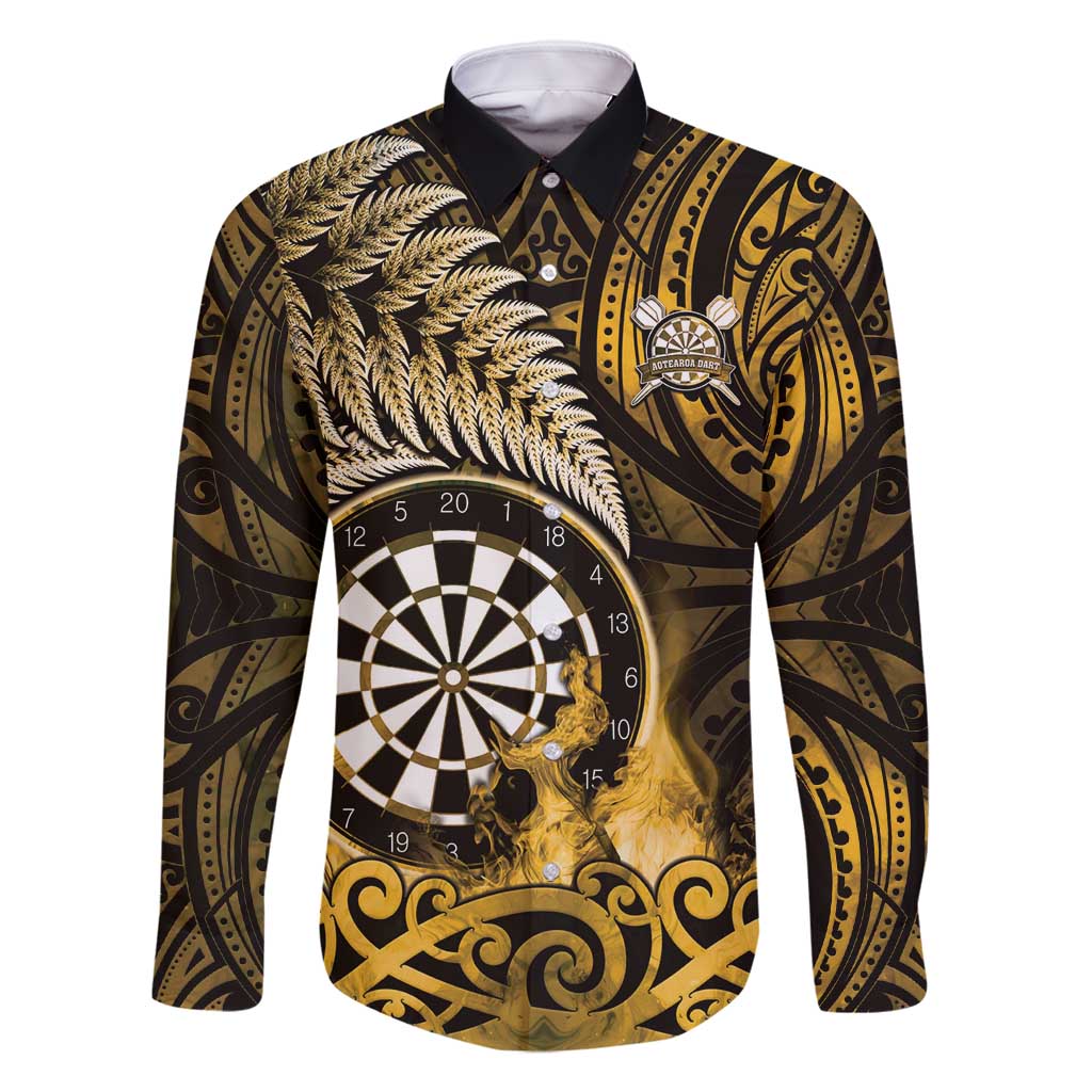 Personalised New Zealand Darts Family Matching Mermaid Dress and Hawaiian Shirt Maori Koru Dartboard Gold Flame LT05 Dad's Shirt - Long Sleeve Gold - Polynesian Pride