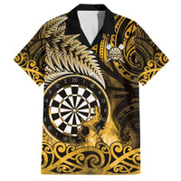 Personalised New Zealand Darts Family Matching Off The Shoulder Long Sleeve Dress and Hawaiian Shirt Maori Koru Dartboard Gold Flame LT05 Dad's Shirt - Short Sleeve Gold - Polynesian Pride