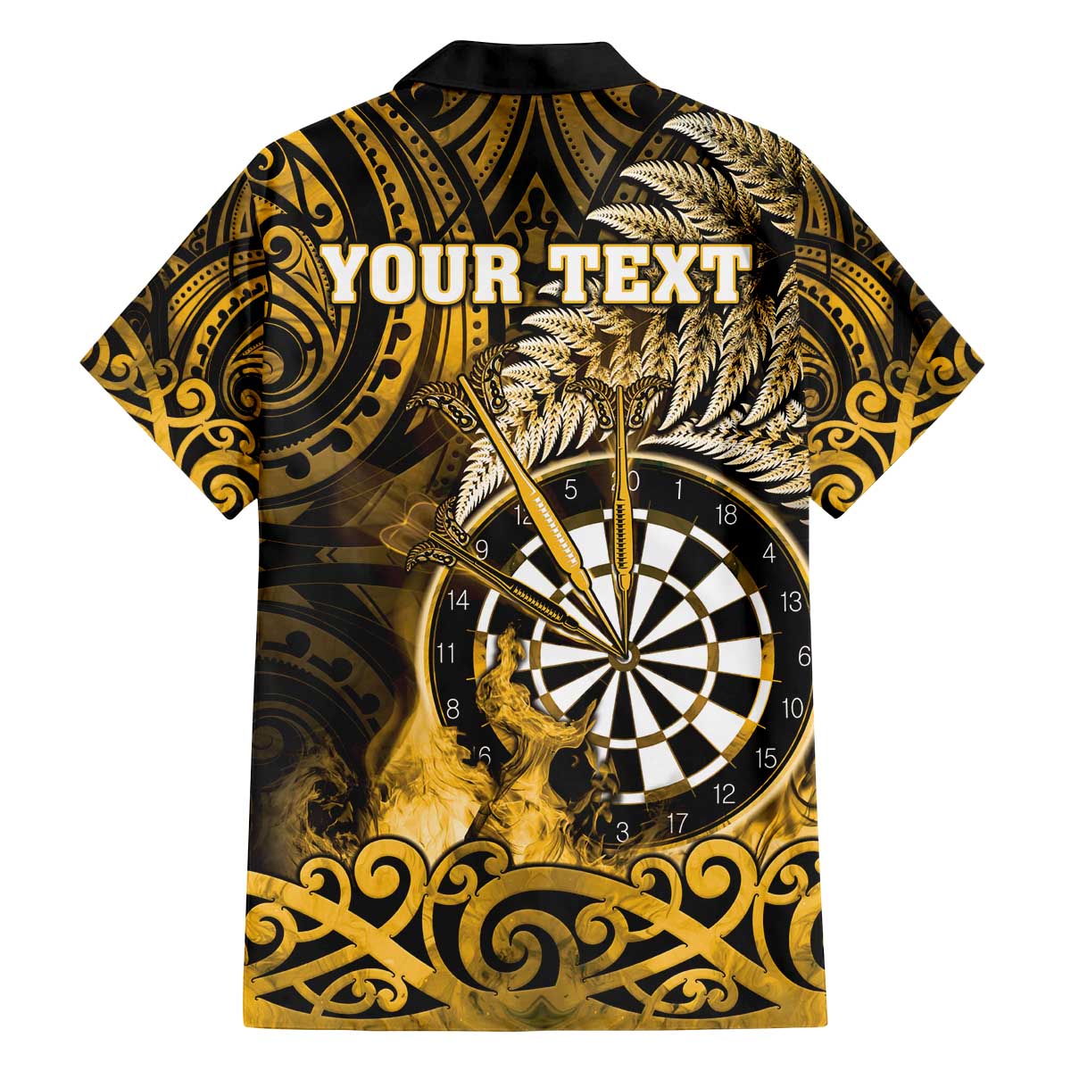 Personalised New Zealand Darts Family Matching Off The Shoulder Long Sleeve Dress and Hawaiian Shirt Maori Koru Dartboard Gold Flame LT05 - Polynesian Pride