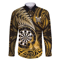 Personalised New Zealand Darts Family Matching Off Shoulder Maxi Dress and Hawaiian Shirt Maori Koru Dartboard Gold Flame LT05 Dad's Shirt - Long Sleeve Gold - Polynesian Pride