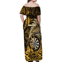 Personalised New Zealand Darts Family Matching Off Shoulder Maxi Dress and Hawaiian Shirt Maori Koru Dartboard Gold Flame LT05 - Polynesian Pride