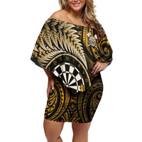 Personalised New Zealand Darts Family Matching Off Shoulder Short Dress and Hawaiian Shirt Maori Koru Dartboard Gold Flame LT05 Mom's Dress Gold - Polynesian Pride