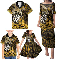 Personalised New Zealand Darts Family Matching Puletasi and Hawaiian Shirt Maori Koru Dartboard Gold Flame LT05 - Polynesian Pride