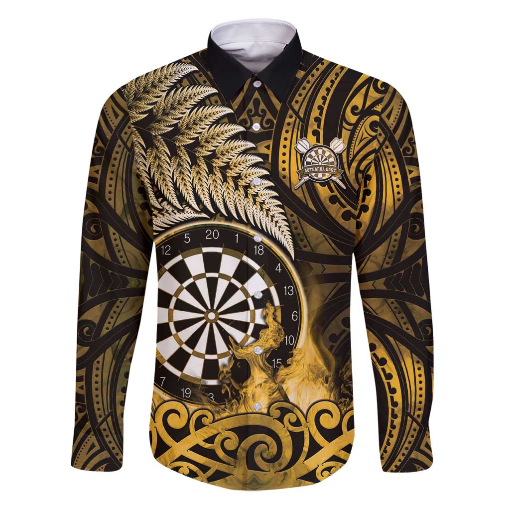 Personalised New Zealand Darts Family Matching Puletasi and Hawaiian Shirt Maori Koru Dartboard Gold Flame LT05 Dad's Shirt - Long Sleeve Gold - Polynesian Pride