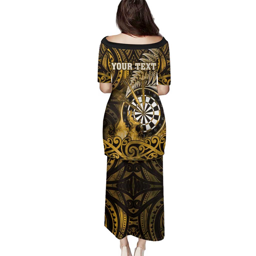 Personalised New Zealand Darts Family Matching Puletasi and Hawaiian Shirt Maori Koru Dartboard Gold Flame LT05 - Polynesian Pride