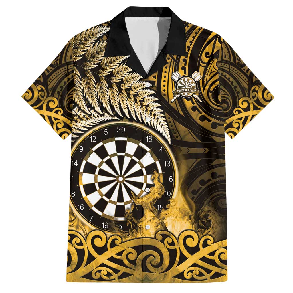 Personalised New Zealand Darts Family Matching Short Sleeve Bodycon Dress and Hawaiian Shirt Maori Koru Dartboard Gold Flame LT05 Dad's Shirt - Short Sleeve Gold - Polynesian Pride