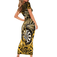 Personalised New Zealand Darts Family Matching Short Sleeve Bodycon Dress and Hawaiian Shirt Maori Koru Dartboard Gold Flame LT05 - Polynesian Pride
