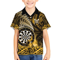 Personalised New Zealand Darts Family Matching Short Sleeve Bodycon Dress and Hawaiian Shirt Maori Koru Dartboard Gold Flame LT05 Son's Shirt Gold - Polynesian Pride