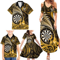 Personalised New Zealand Darts Family Matching Summer Maxi Dress and Hawaiian Shirt Maori Koru Dartboard Gold Flame LT05 - Polynesian Pride
