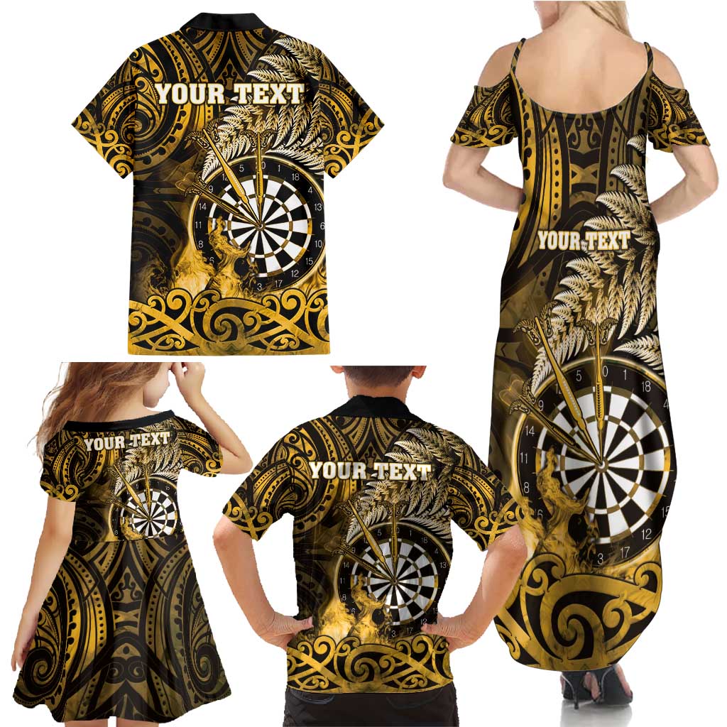 Personalised New Zealand Darts Family Matching Summer Maxi Dress and Hawaiian Shirt Maori Koru Dartboard Gold Flame LT05 - Polynesian Pride
