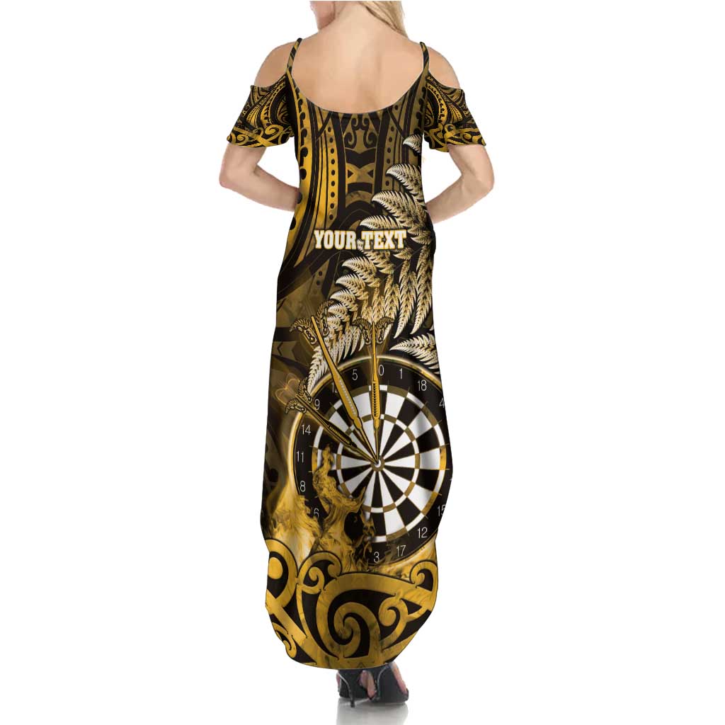 Personalised New Zealand Darts Family Matching Summer Maxi Dress and Hawaiian Shirt Maori Koru Dartboard Gold Flame LT05 - Polynesian Pride