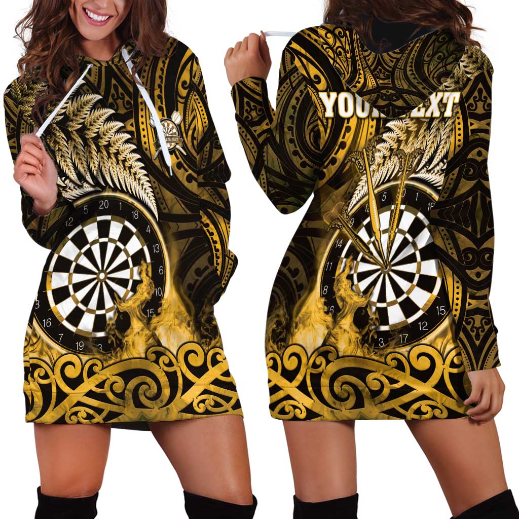 Personalised New Zealand Darts Hoodie Dress Maori Koru Dartboard Gold Flame LT05 - Polynesian Pride