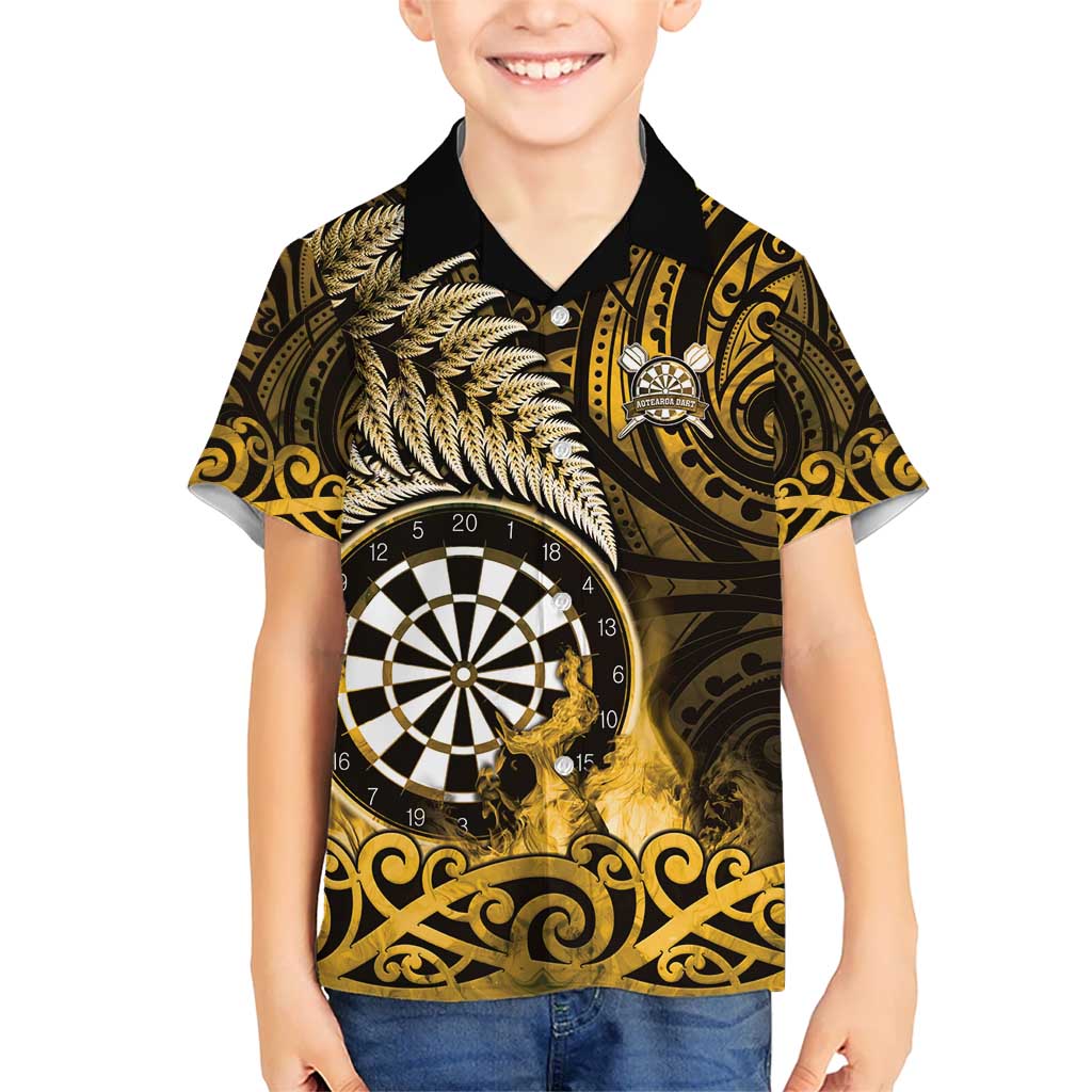 Personalised New Zealand Darts Kid Hawaiian Shirt Maori Koru Dartboard Gold Flame LT05 Kid Gold - Polynesian Pride