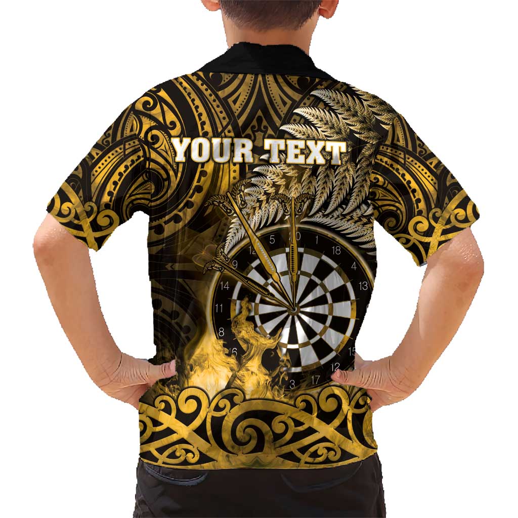 Personalised New Zealand Darts Kid Hawaiian Shirt Maori Koru Dartboard Gold Flame LT05 - Polynesian Pride