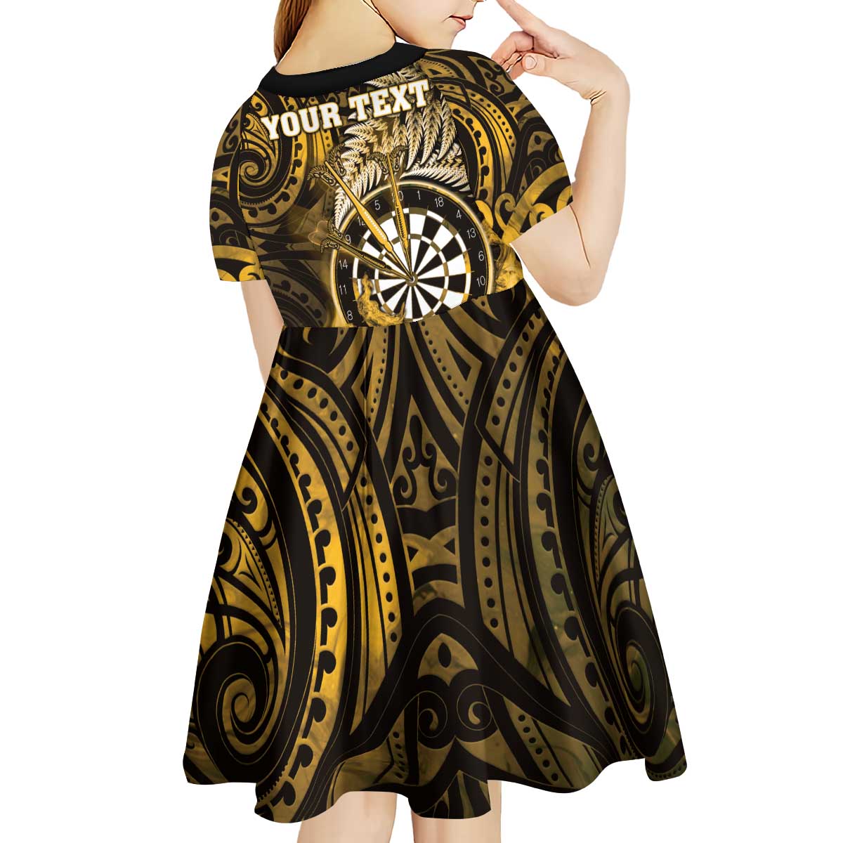 Personalised New Zealand Darts Kid Short Sleeve Dress Maori Koru Dartboard Gold Flame LT05 - Polynesian Pride