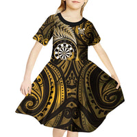 Personalised New Zealand Darts Kid Short Sleeve Dress Maori Koru Dartboard Gold Flame LT05 - Polynesian Pride