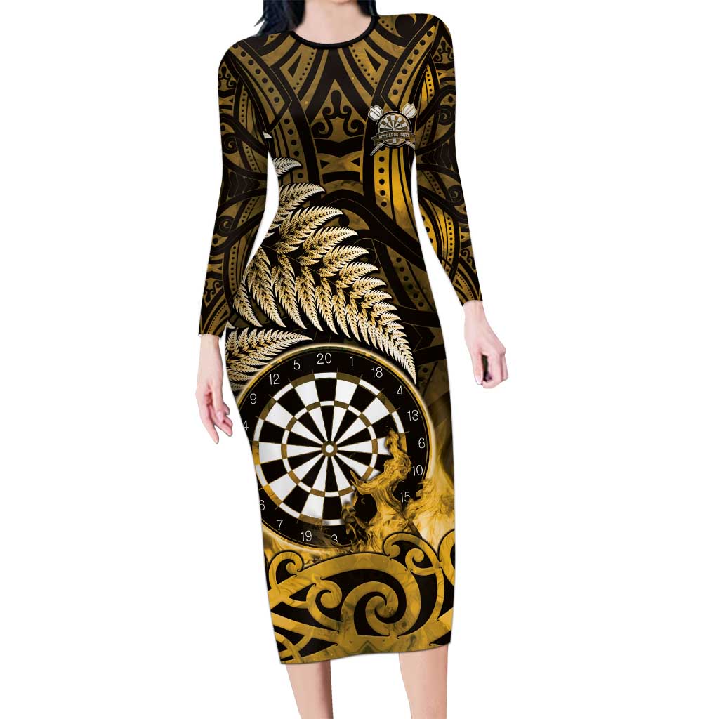 Personalised New Zealand Darts Long Sleeve Bodycon Dress Maori Koru Dartboard Gold Flame LT05 Long Dress Gold - Polynesian Pride