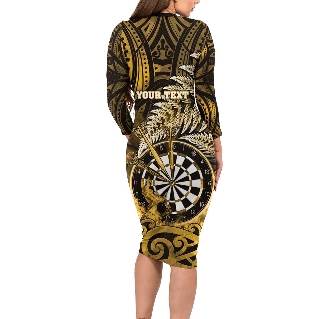 Personalised New Zealand Darts Long Sleeve Bodycon Dress Maori Koru Dartboard Gold Flame LT05 - Polynesian Pride