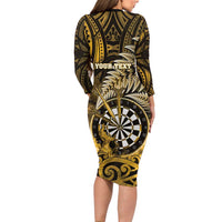 Personalised New Zealand Darts Long Sleeve Bodycon Dress Maori Koru Dartboard Gold Flame LT05 - Polynesian Pride