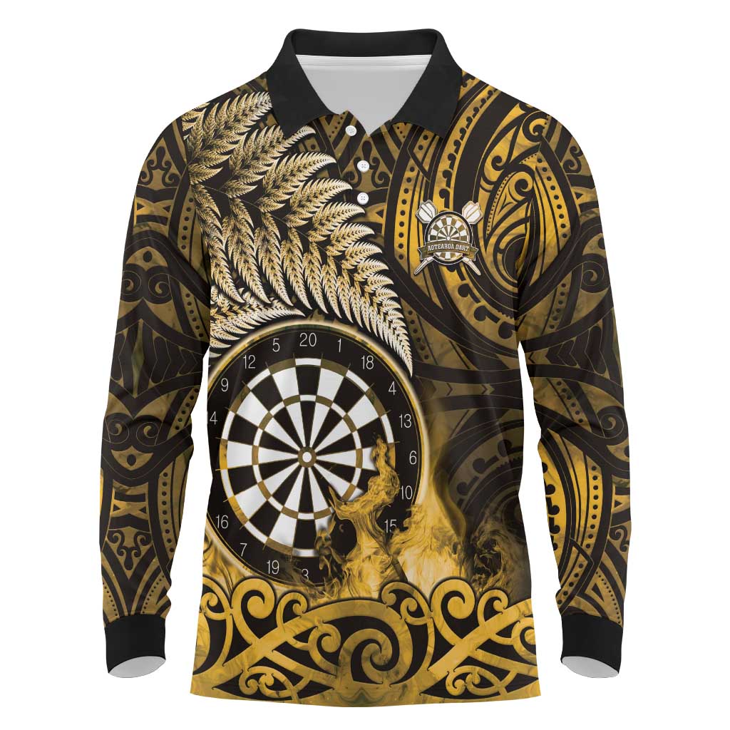 Personalised New Zealand Darts Long Sleeve Polo Shirt Maori Koru Dartboard Gold Flame LT05 Gold - Polynesian Pride