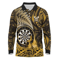 Personalised New Zealand Darts Long Sleeve Polo Shirt Maori Koru Dartboard Gold Flame LT05 Gold - Polynesian Pride