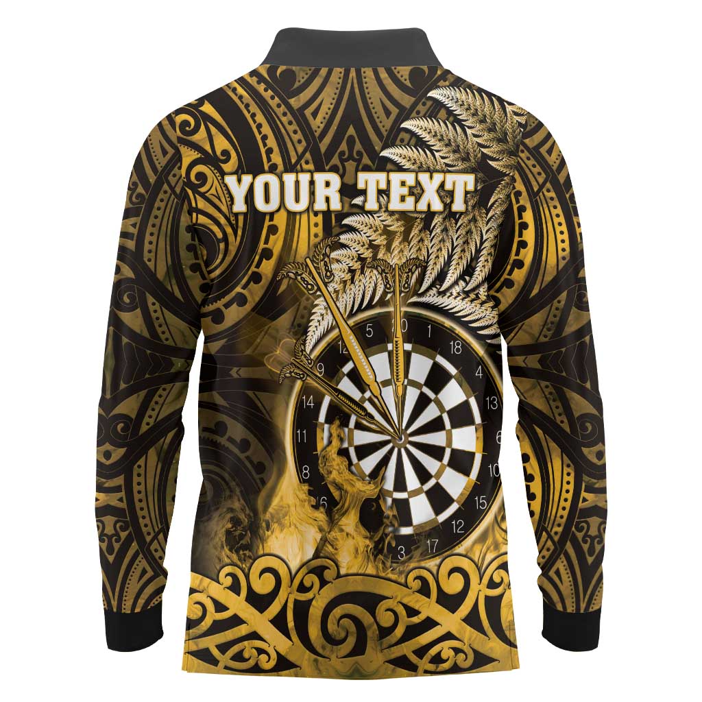 Personalised New Zealand Darts Long Sleeve Polo Shirt Maori Koru Dartboard Gold Flame LT05 - Polynesian Pride