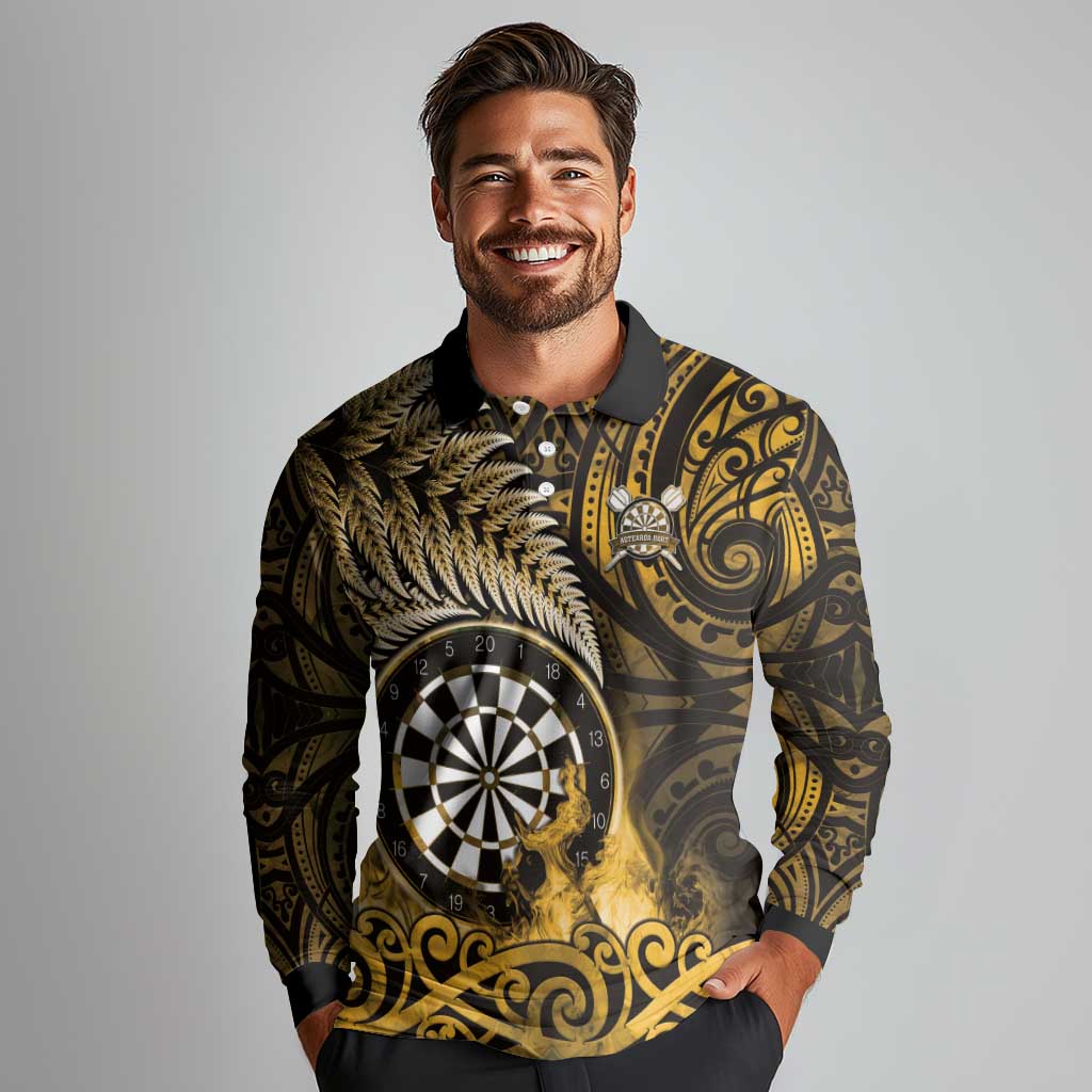 Personalised New Zealand Darts Long Sleeve Polo Shirt Maori Koru Dartboard Gold Flame LT05 - Polynesian Pride