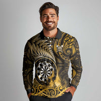 Personalised New Zealand Darts Long Sleeve Polo Shirt Maori Koru Dartboard Gold Flame LT05 - Polynesian Pride
