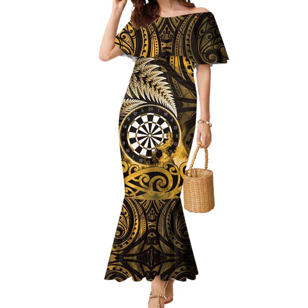 Personalised New Zealand Darts Mermaid Dress Maori Koru Dartboard Gold Flame LT05 Women Gold - Polynesian Pride