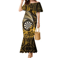 Personalised New Zealand Darts Mermaid Dress Maori Koru Dartboard Gold Flame LT05 Women Gold - Polynesian Pride