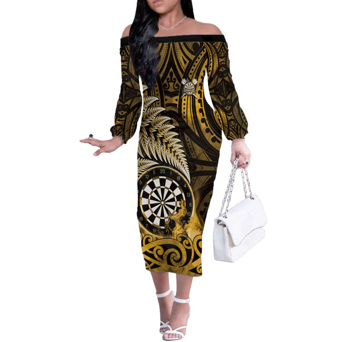 Personalised New Zealand Darts Off The Shoulder Long Sleeve Dress Maori Koru Dartboard Gold Flame LT05 Women Gold - Polynesian Pride