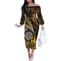 Personalised New Zealand Darts Off The Shoulder Long Sleeve Dress Maori Koru Dartboard Gold Flame LT05 Women Gold - Polynesian Pride