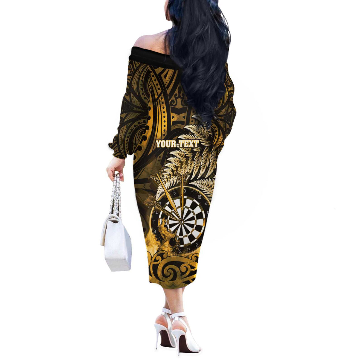 Personalised New Zealand Darts Off The Shoulder Long Sleeve Dress Maori Koru Dartboard Gold Flame LT05 - Polynesian Pride