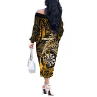 Personalised New Zealand Darts Off The Shoulder Long Sleeve Dress Maori Koru Dartboard Gold Flame LT05 - Polynesian Pride