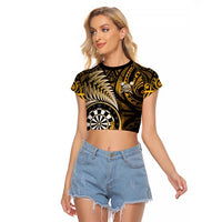Personalised New Zealand Darts Raglan Cropped T Shirt Maori Koru Dartboard Gold Flame