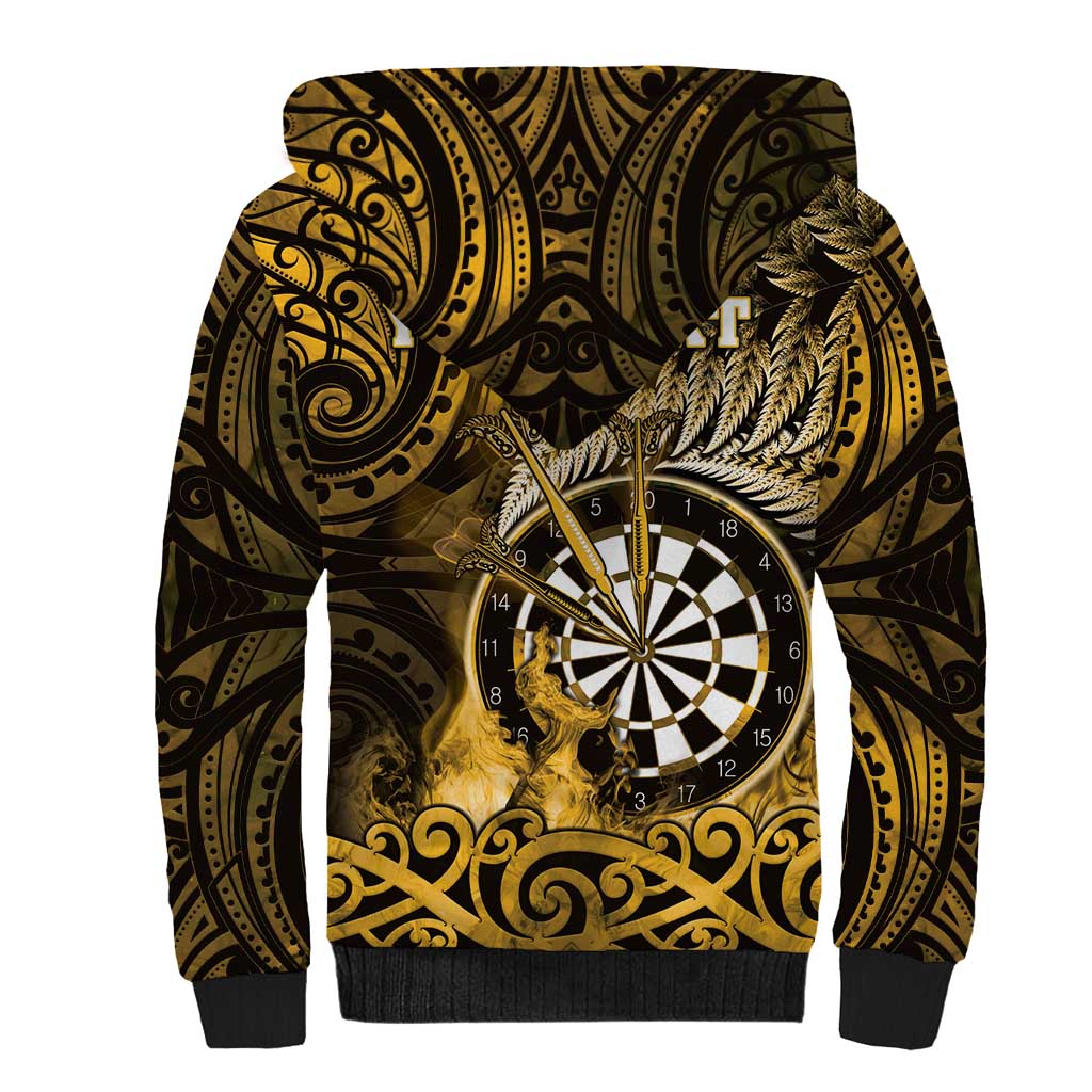Personalised New Zealand Darts Sherpa Hoodie Maori Koru Dartboard Gold Flame LT05 - Polynesian Pride
