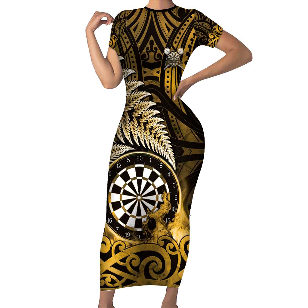 Personalised New Zealand Darts Short Sleeve Bodycon Dress Maori Koru Dartboard Gold Flame LT05 Long Dress Gold - Polynesian Pride