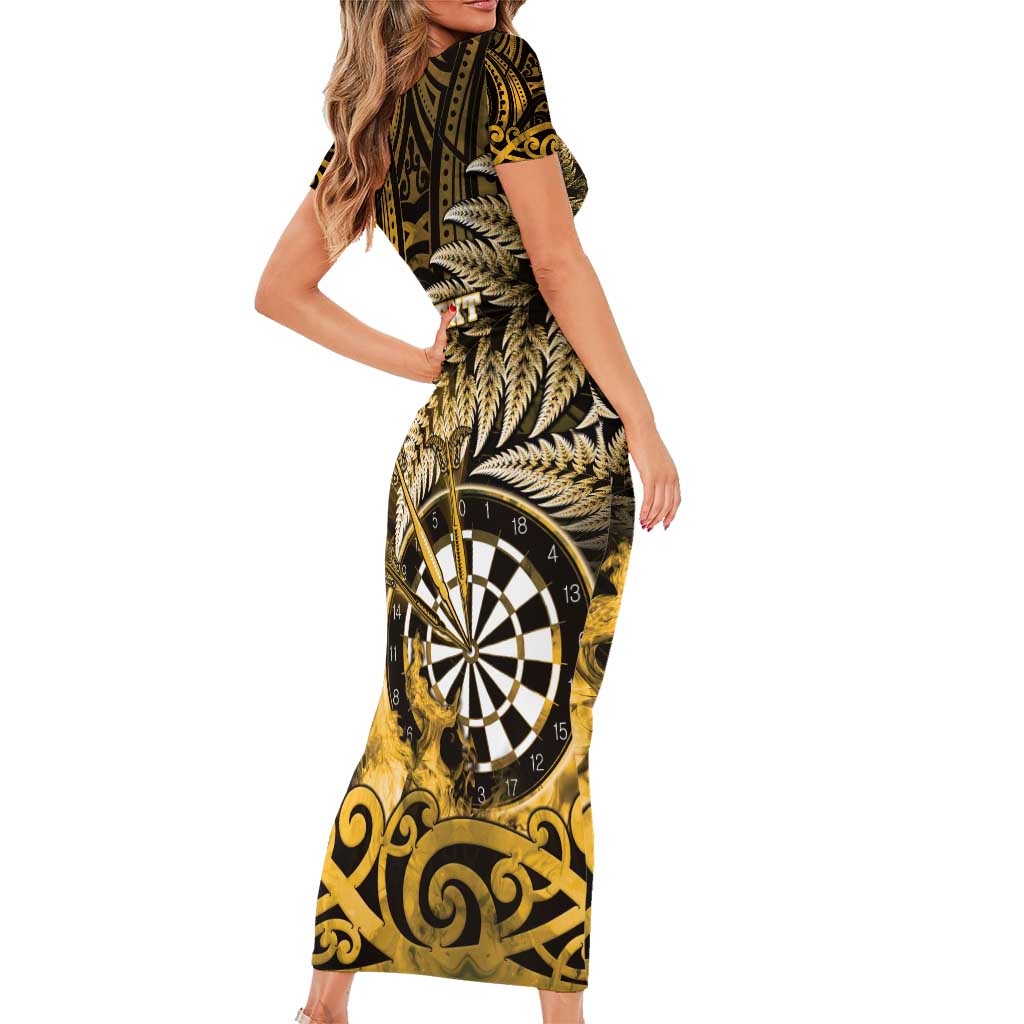 Personalised New Zealand Darts Short Sleeve Bodycon Dress Maori Koru Dartboard Gold Flame LT05 - Polynesian Pride