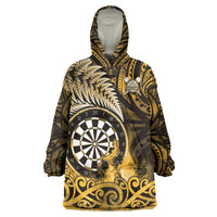 Personalised New Zealand Darts Wearable Blanket Hoodie Maori Koru Dartboard Gold Flame LT05 One Size Gold - Polynesian Pride