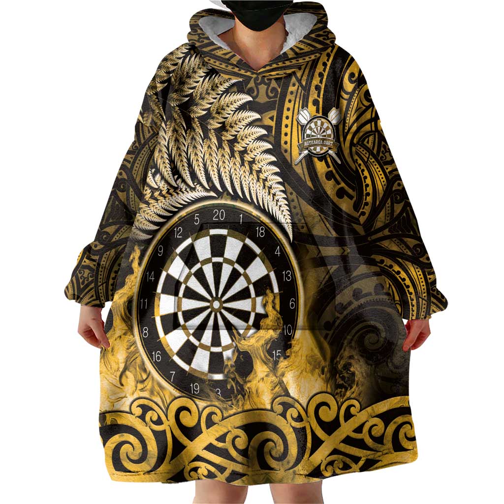 Personalised New Zealand Darts Wearable Blanket Hoodie Maori Koru Dartboard Gold Flame LT05 - Polynesian Pride
