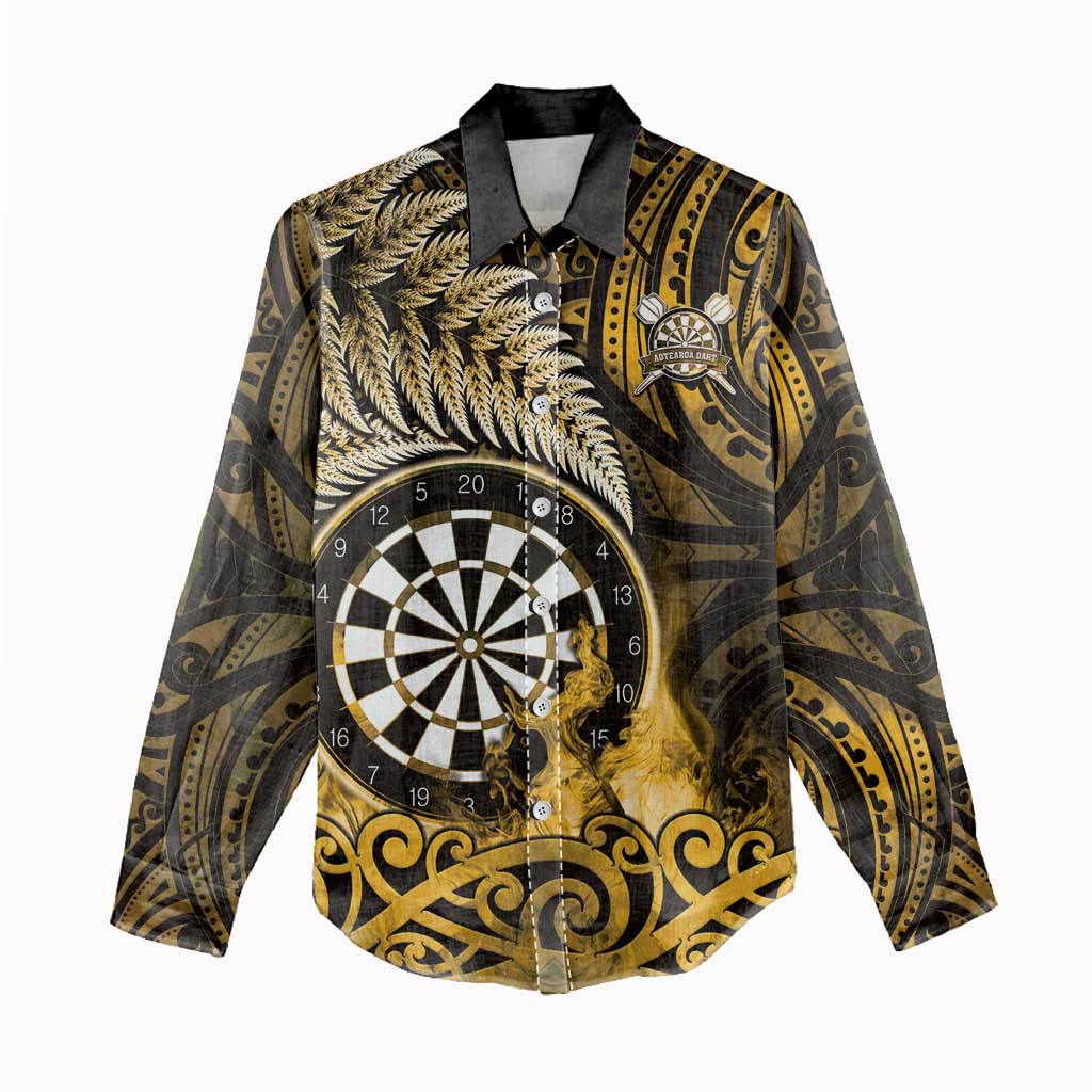 Personalised New Zealand Darts Women Casual Shirt Maori Koru Dartboard Gold Flame