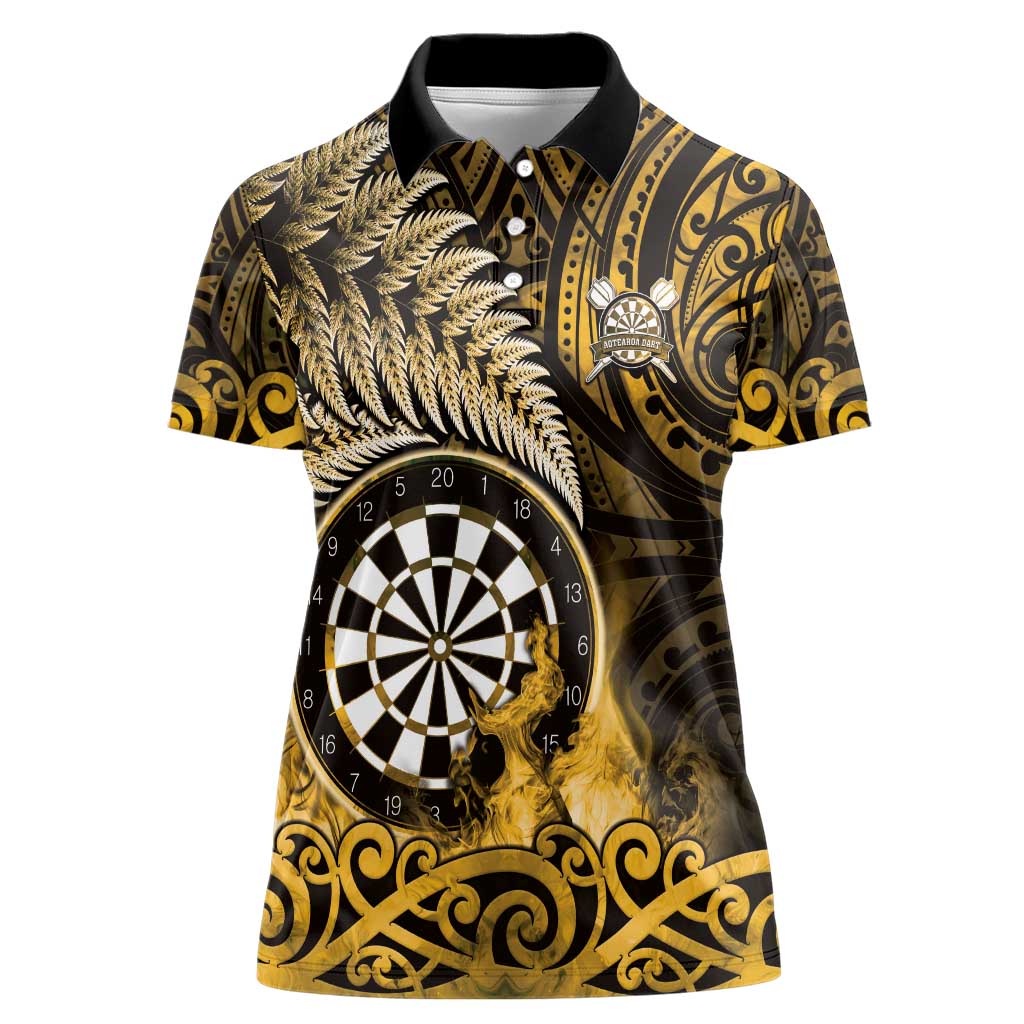Personalised New Zealand Darts Women Polo Shirt Maori Koru Dartboard Gold Flame LT05 Female Gold - Polynesian Pride